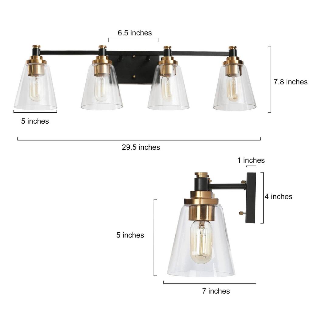 Modern Black Gold 4-Light Bathroom Dimmable Vanity Light Glass Cone Wall Sconces Lighting