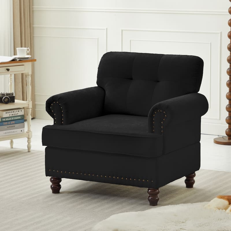 Set of 1 Piece,Chenille Tufted Armchair with Solid Rubberwood Legs for Livingroom - Black