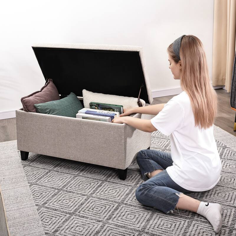 Adeco Rectangular Storage Ottoman Faux Leather Bench Lift-top Footrest