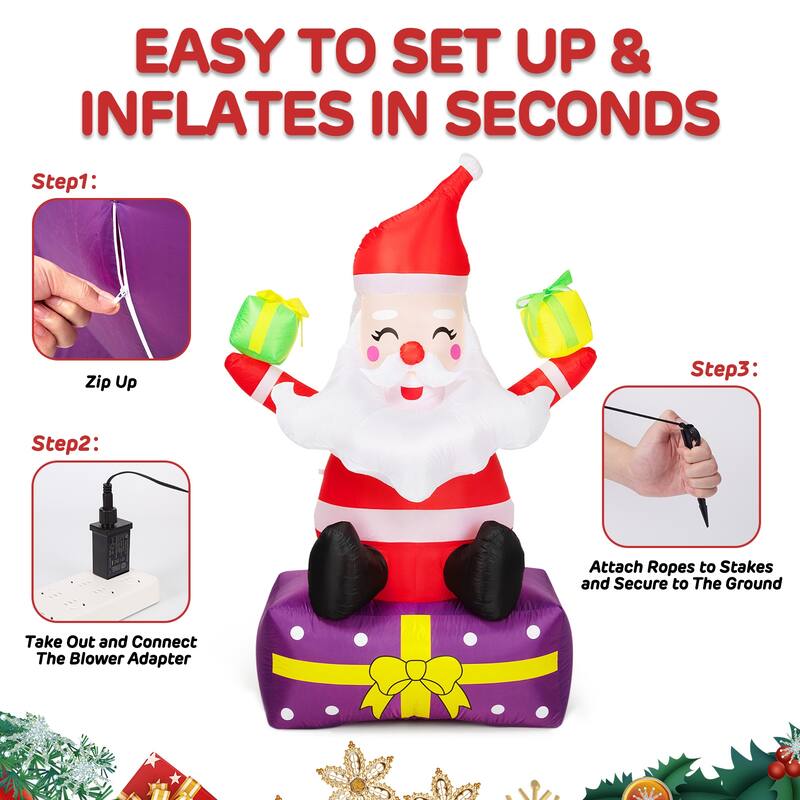 Inflatable Santa Claus with Gift Boxes,Christmas Outdoor Decorations, Blow Up Yard Decor with Built,in LED Lights, Tethers - Red
