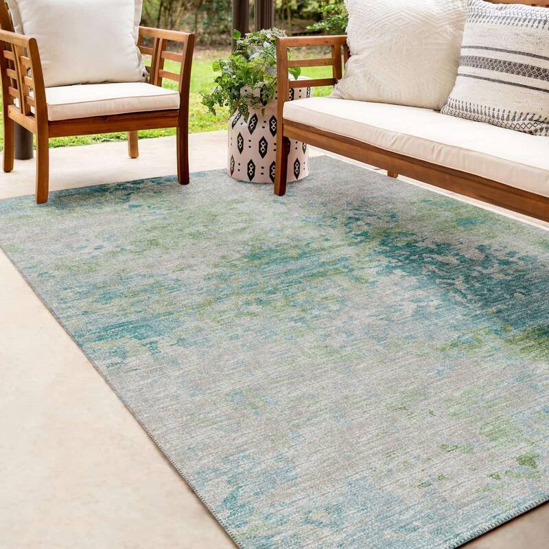Indoor/ Outdoor Accord Modern Abstract Polyester Washable Rug New - 8' x 10' - Teal Green Taupe
