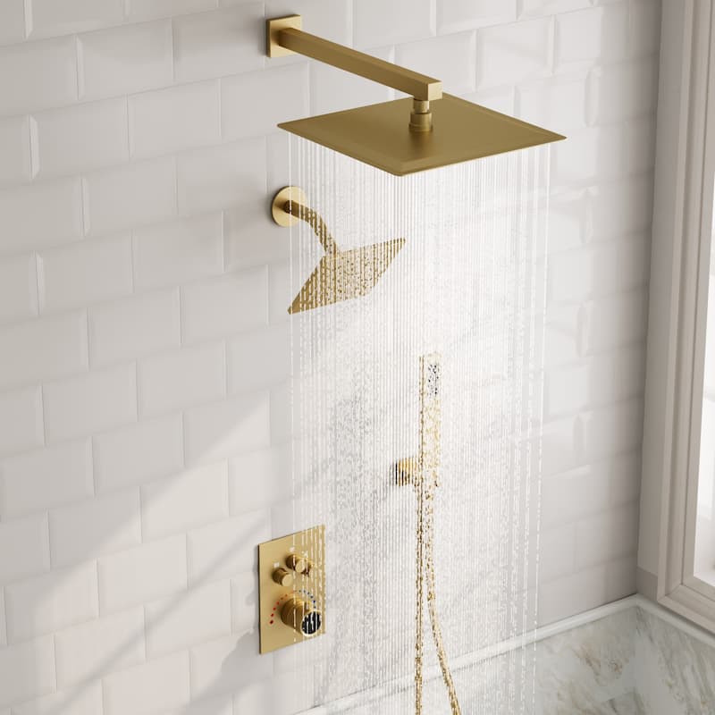 GRANDJOY 3-Function Thermostatic Shower System 12'' Rainfall Shower Head with Anti-Scald Valve