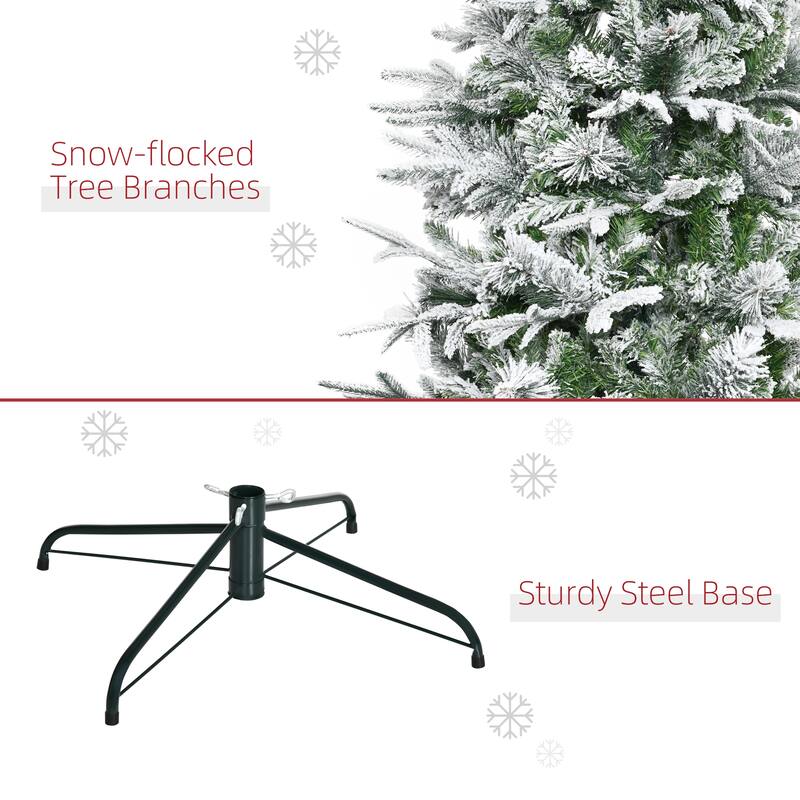 Pre-Lit Snow Flocked Artificial Christmas Tree with Hinged Sections & Metal Stand for Quick Setup, 5ft, 6ft, 8ft, 9ft