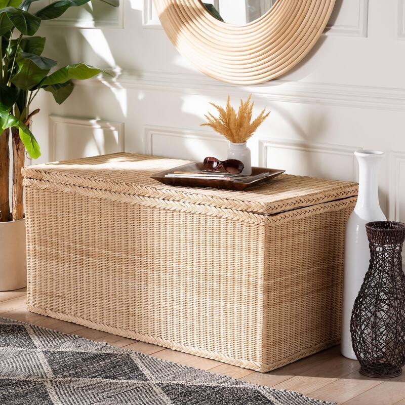 Caden Braided Natural Rattan Chest with Lift-top Lid - Coastal Boho Style Storage Bench for Bedroom, Entryway, or Living Room