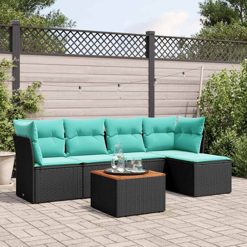 vidaXL 6 Piece Patio Sofa Set with Cushions Black Poly Rattan - 24.4 x 24.4 x 27.2