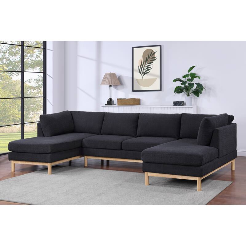 Black Sherpa 124" U-Shape Sectional Sofa with Wood Trim & Legs
