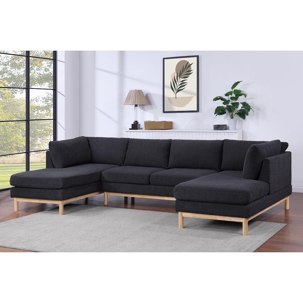 Black Sherpa 124" U-Shape Sectional Sofa with Wood Trim & Legs