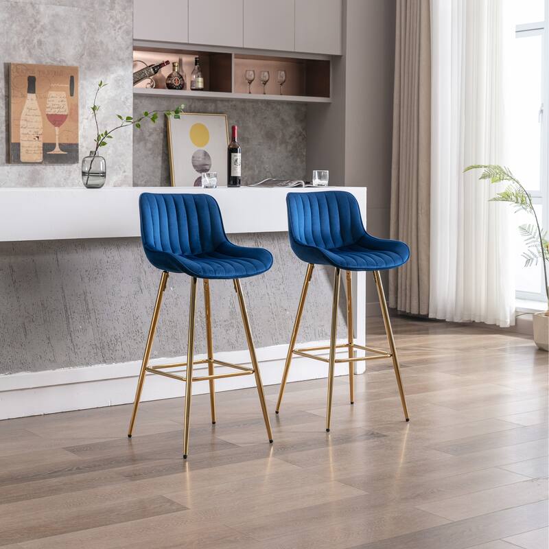 2 Bar Stools with Chrome Footrest Velvet Fabric Counter Stool Golden Leg Simple High Bar Stool - N/A