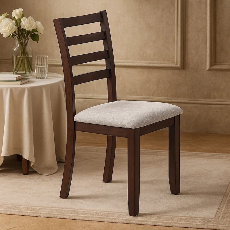 Rosanna Dining Chair, Set of 2, White Fabric Foam Seat, Walnut Brown Rubberwood