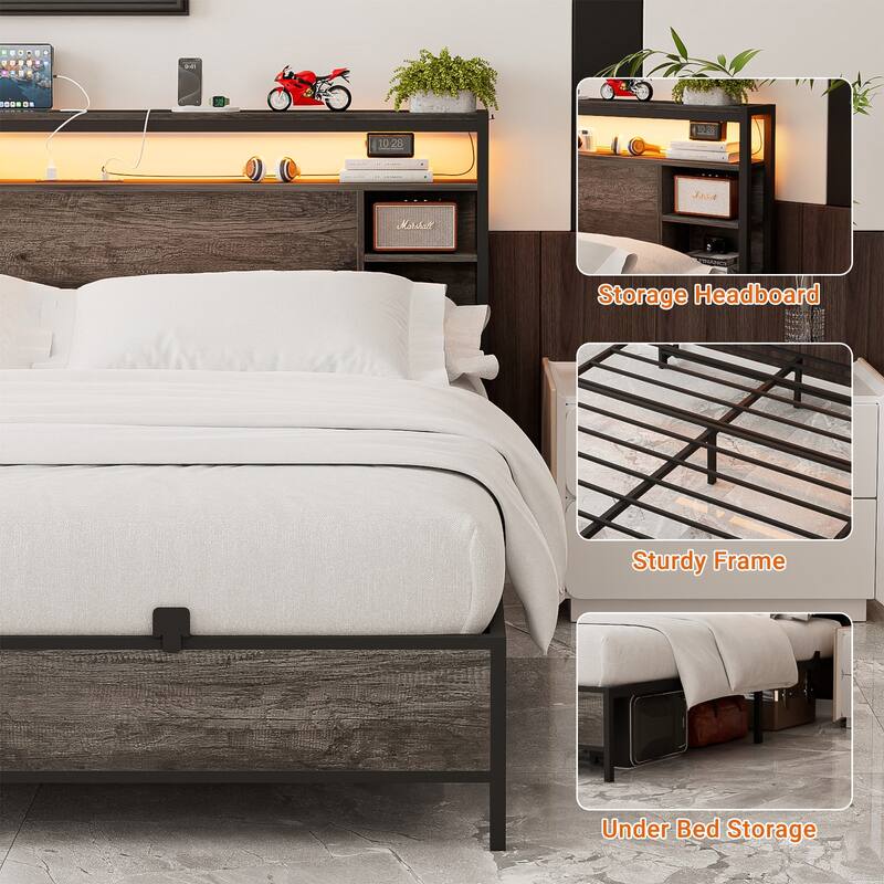 Bed Frame with Charging Station and RGB LED Lights, Sturdy Platform Bed with Storage Headboard,