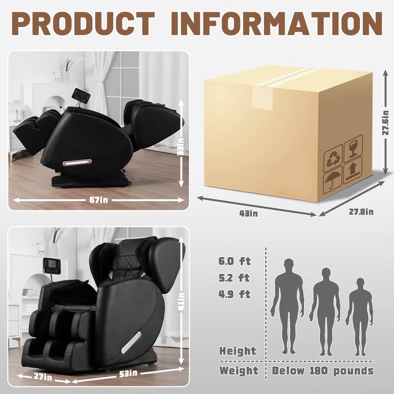 Black Zero Gravity Full Body Massage Chair with Air Pressure, Heated Foot Rollers, Bluetooth Connectivity, and Reclining Feature
