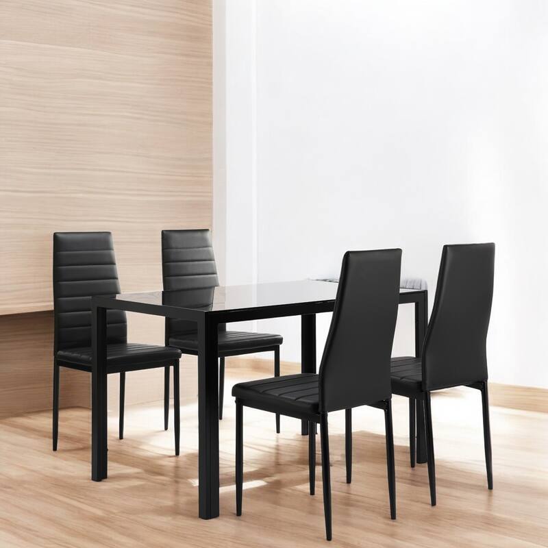 5-Piece Modern Glass Dining Table Set with 4 PU Leather Chairs, Metal Frame Kitchen Table Set for Small Spaces and Dining Room - Black