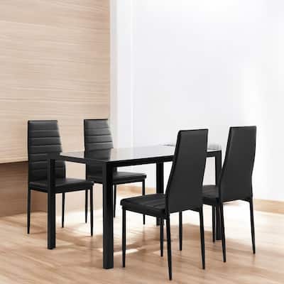 5-Piece Modern Glass Dining Table Set with 4 PU Leather Chairs, Metal Frame Kitchen Table Set for Small Spaces and Dining Room