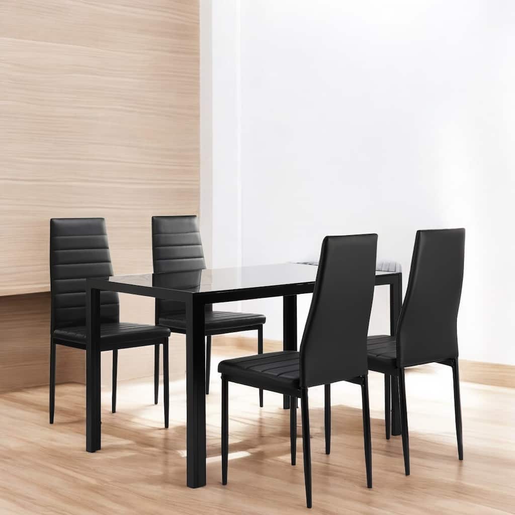 5-Piece Modern Glass Dining Table Set with 4 PU Leather Chairs, Metal Frame Kitchen Table Set for Small Spaces and Dining Room