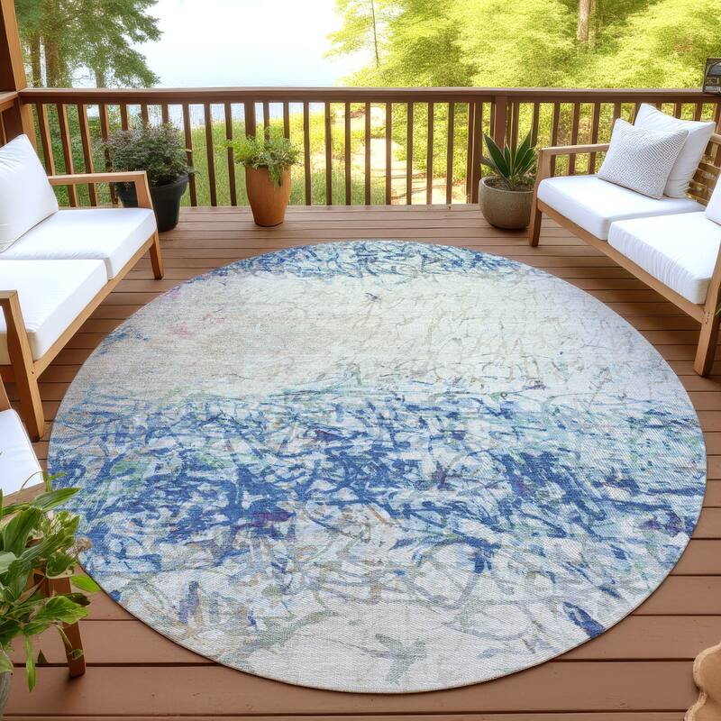 Machine Washable Indoor/ Outdoor Abstract Scribble Chantille Rug - Navy - 8' x 8'