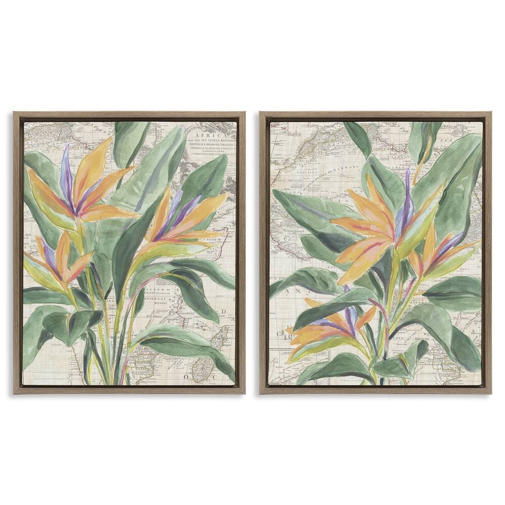 Stupell Flowers over Vintage Map Framed Floater Canvas Wall Art Design By June Erica Vess (Set of 2)