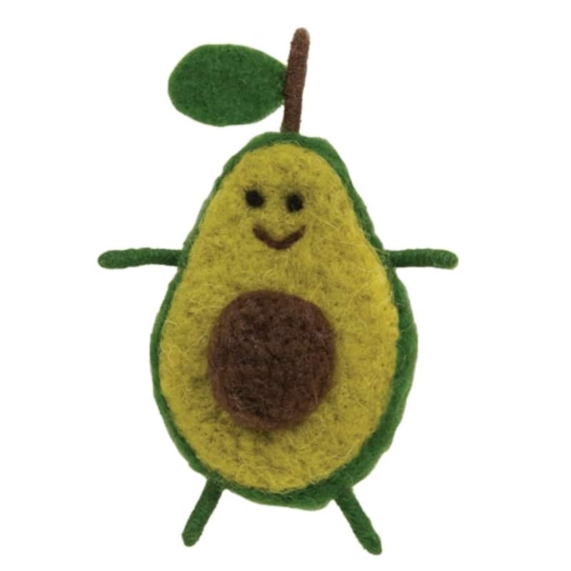 Smiling Avocado Felted Ornament Cute Kitchen Decor - 4.75" x 2.5" x 2.25" - Green/Yellow/Brown