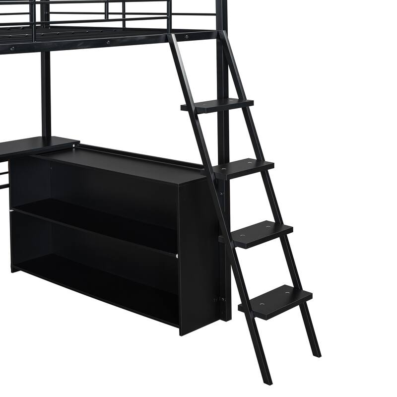Full Size Loft Bed with Desk, LED Shelves, and Storage - Metal Frame with Guardrails and Ladder, Space-Saving Design for Teens