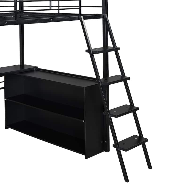 Twin Size Metal Loft Bed with LED Lighting, Desk, and 4 Storage Shelves, Black - Space-Saving Design