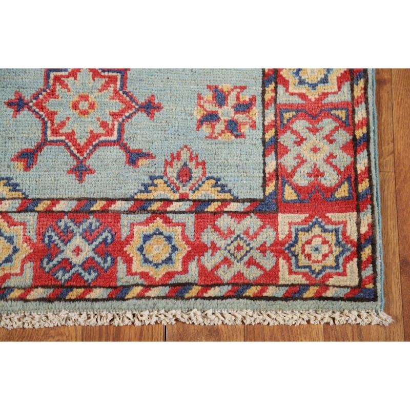 Light Blue Geometric Kazak Oriental Foyer Rug Hand-Knotted Wool Carpet - 2'0" x 3'0"
