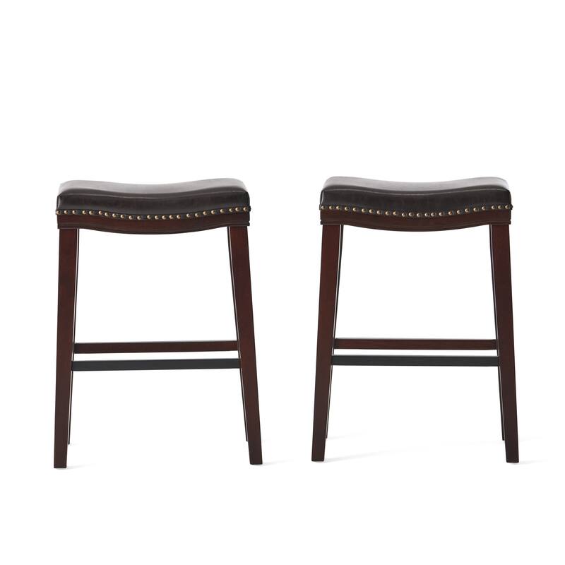 Roomfitters Backless Bar Stools with Faux Leather Seat and Nailhead Trim, Saddle-Style Counter Chairs, Set of 2, Brown