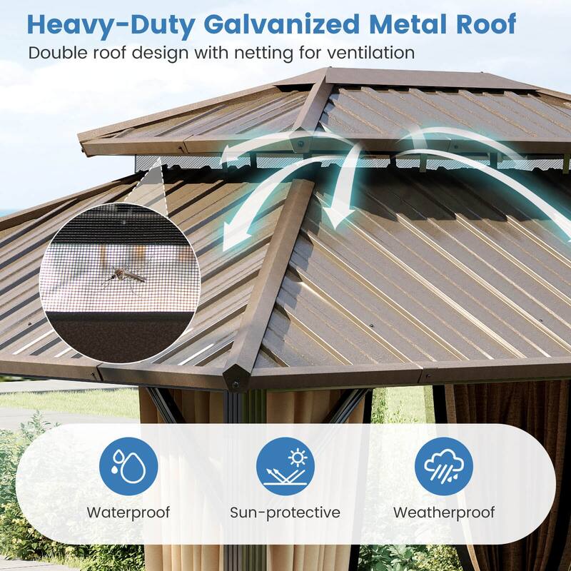 Costway 12 x 10 FT Hardtop Gazebo with Netting Heavy-Duty Double-Roof - Coffee