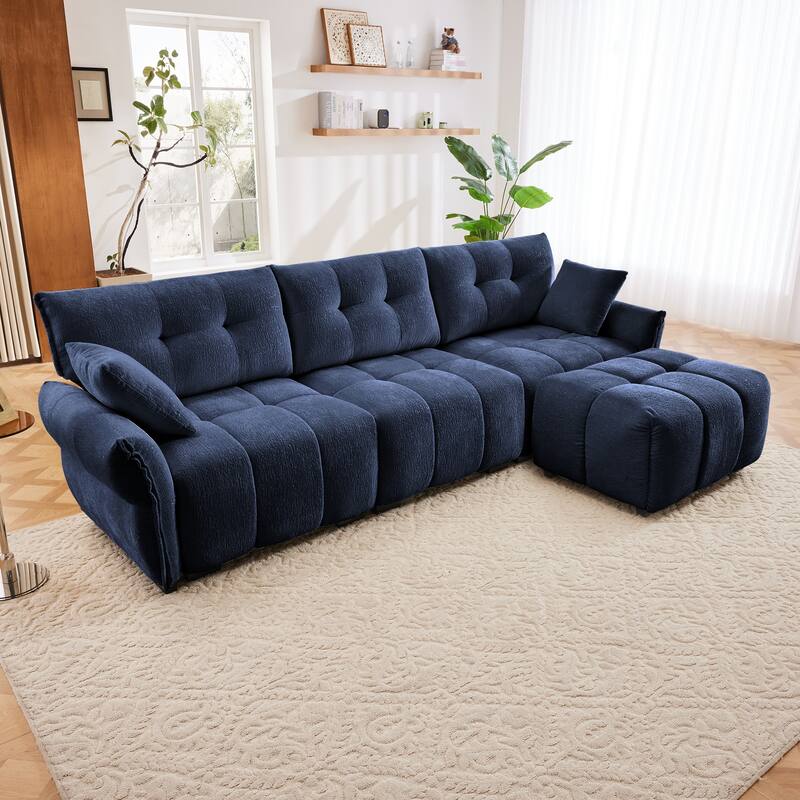 3-Seater L-Shaped Modular Sofa with 1 Ottomans & Pillows - Blue