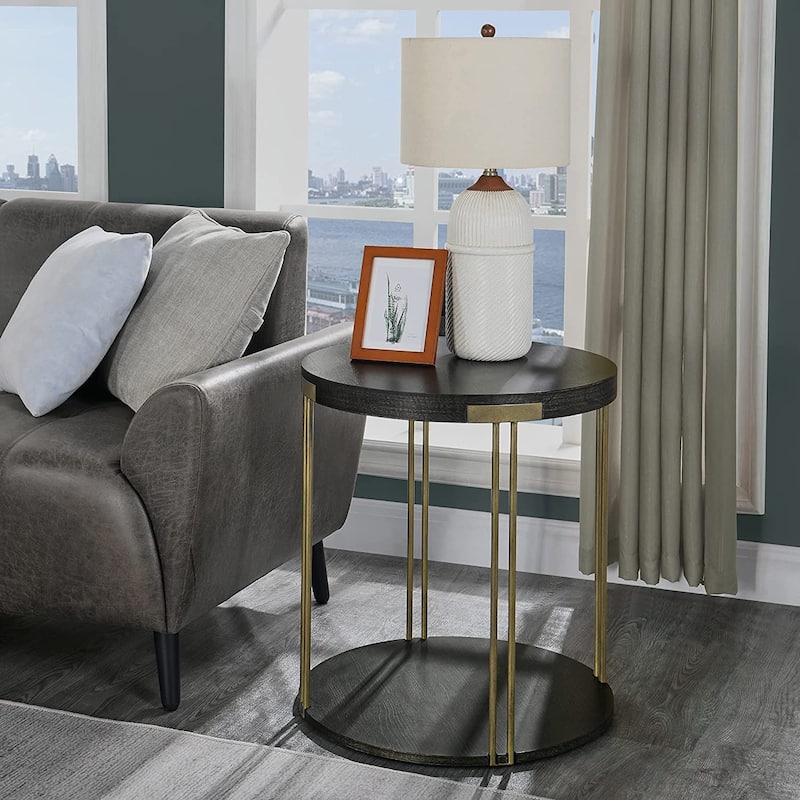 Round Coffee Table 2-Tier Cocktail Table with Storage Shelf Solid Wood - 22" × 24" - side table