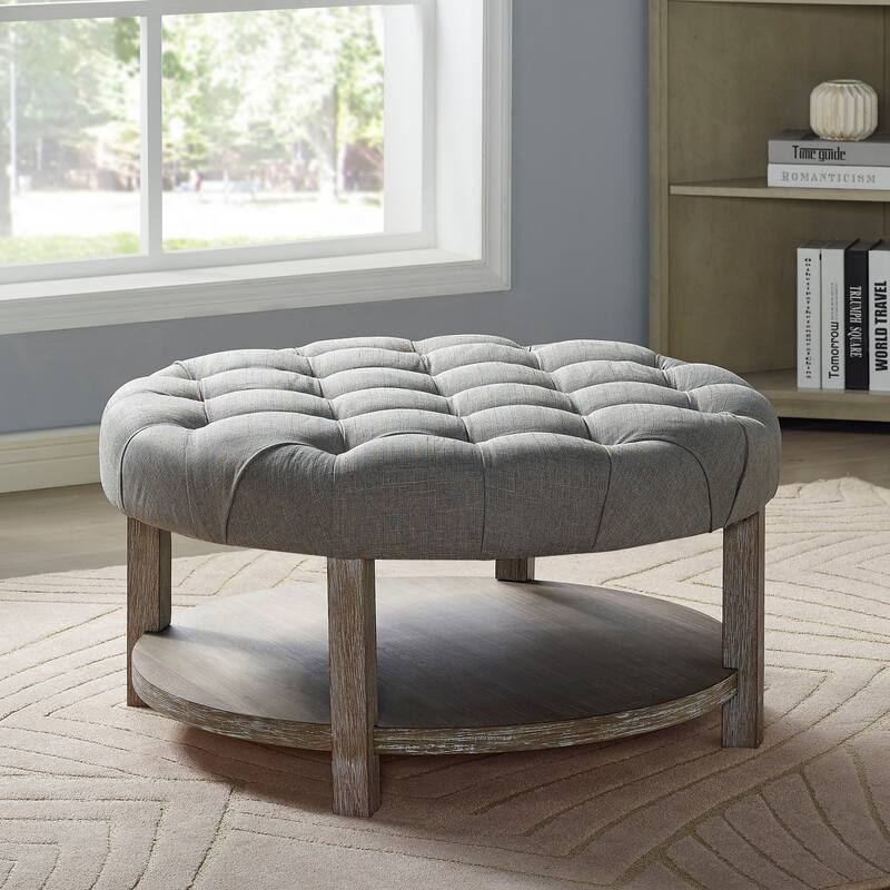 Harissa Farmhouse Round Fabric Storage Tufted Cocktail Ottoman by Furniture of America - Light Grey