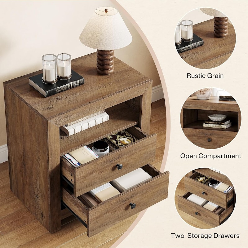 Nightstand with 2 Storage Drawers, Rustic Bedside Table for Bedroom