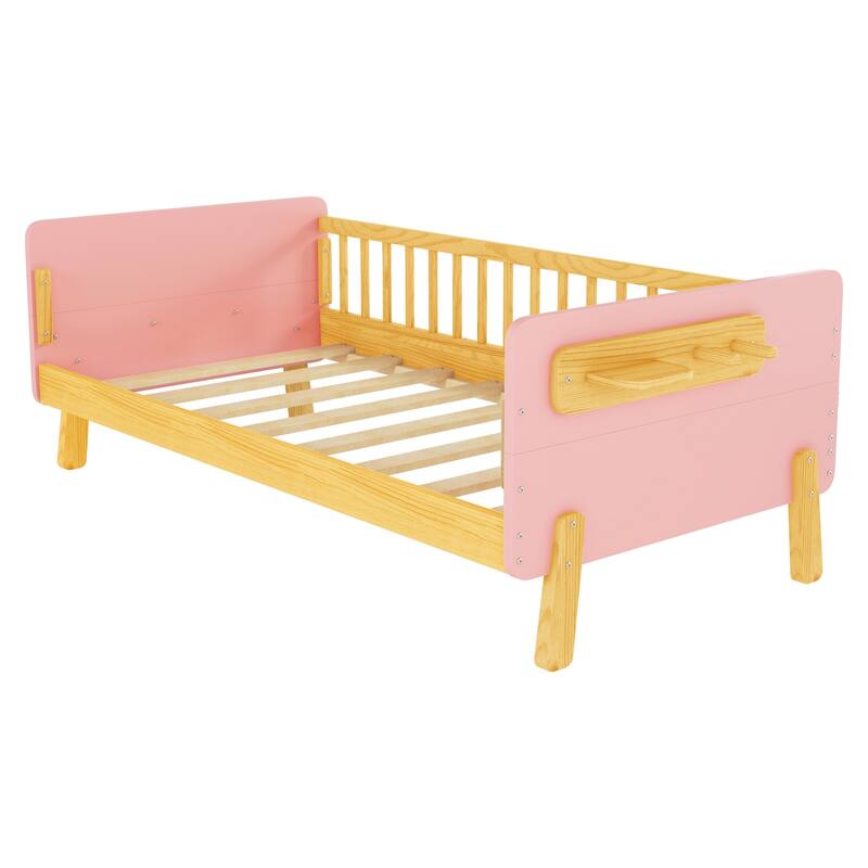 Kids Wood Platform Bed with Guardrails, Bottle Holder and 2 Hanging Rod, Convertible Toddler Daybed, Low Profile Design Frame