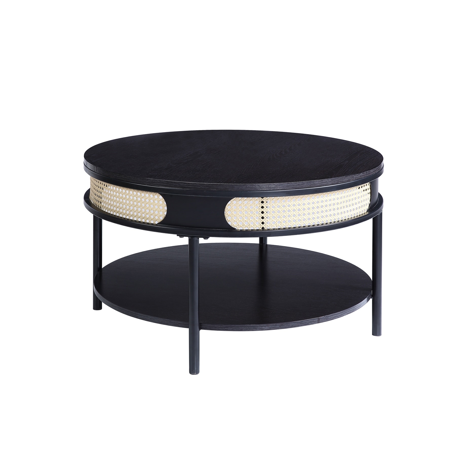 1 Open Shelf Round Coffee Table with Metal Legs in Black Finish
