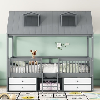 Gray Twin Size Wood Bed House with Fence and Roof for Kids, Boys and Girls, Bedroom