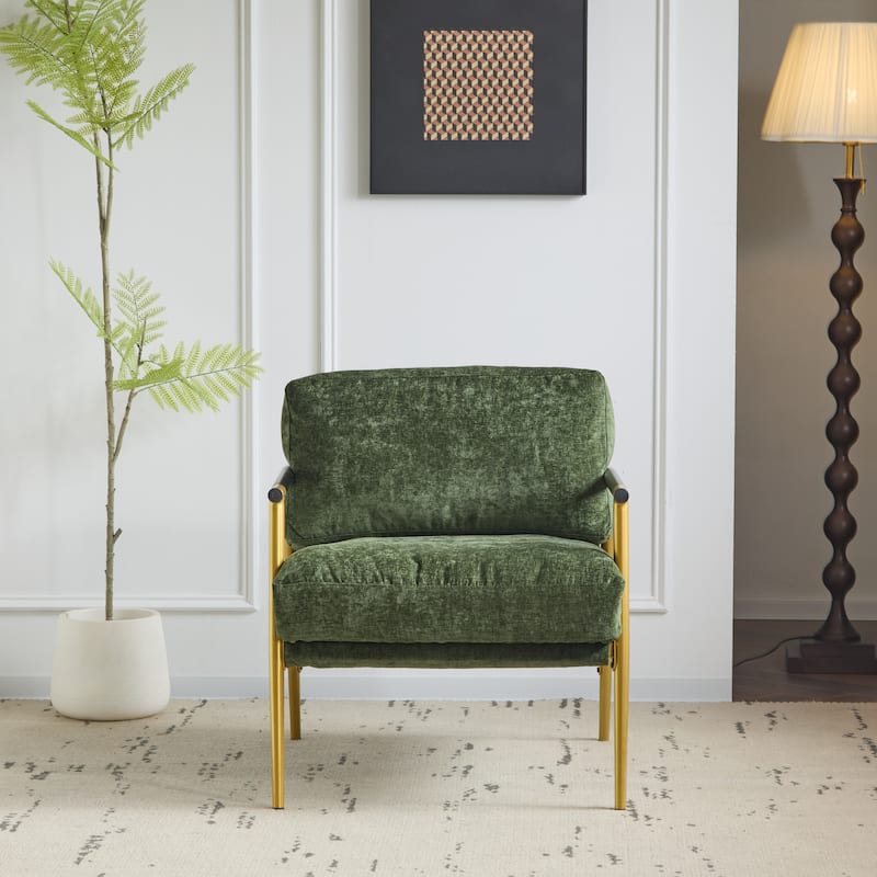 27.56" Modern Accent Chair with Plush Cushions, Metal Frame, and Wooden Armrest Design -for Living Room, Bedroom