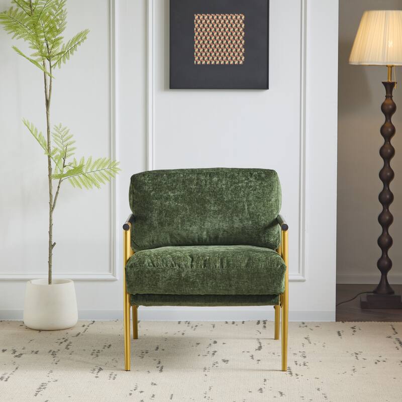 Roomfitters 27.56" Modern Accent Chair with Plush Cushions, Metal Frame and Wooden Armrest Design