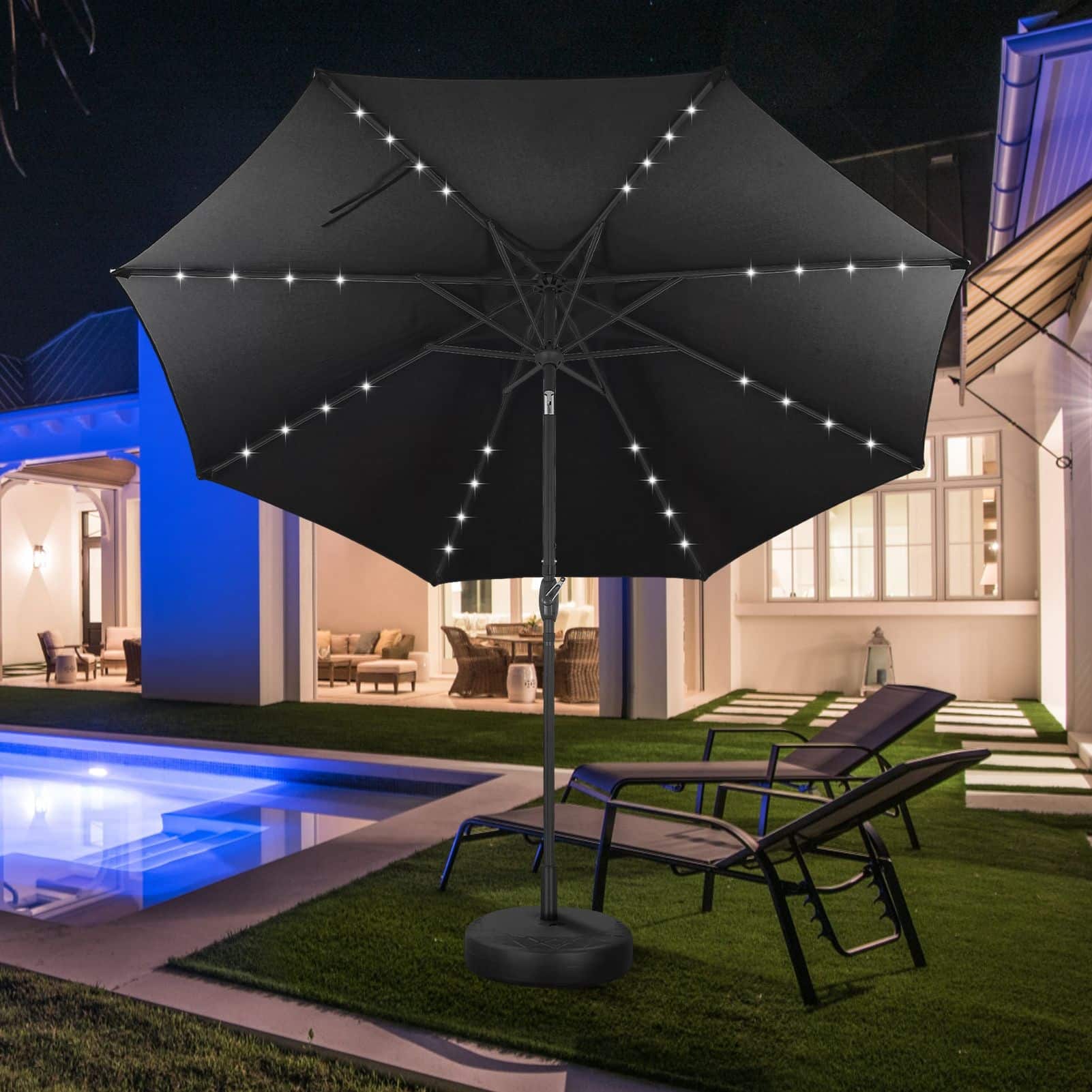 black patio umbrella with solar lights Kozyard 15 FT Rectangular Double-Sided Lights, Outdoor Patio Umbrella with Crank Lift, Base Included, UV-Resistant for Pool, saving lighting JOYESERY 10 ft. x 6.5