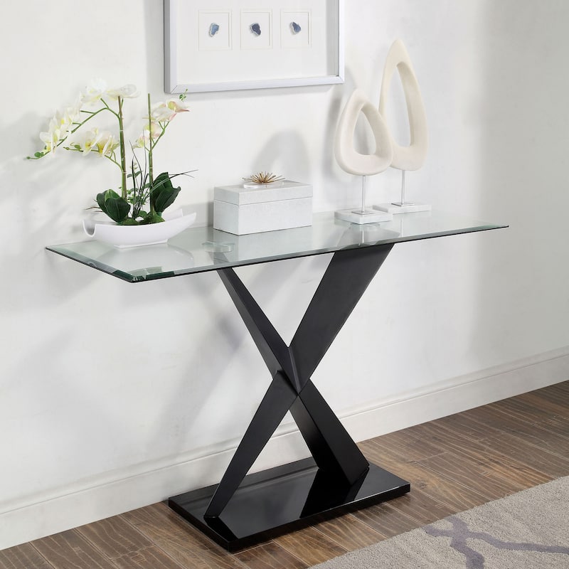 Gar Glam Black X-Base Glass Top Sofa Table by Furniture of America - Black