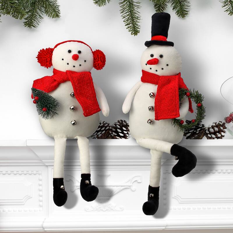 Set of 2 Sitting Snowman With Hat Earmuffs Christmas Plush Figures 20"