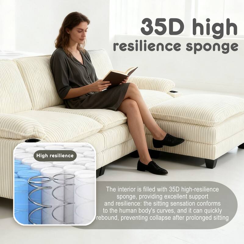 L-Shaped Modular Sectional Sofa with Ottoman, Oversized Corduroy Upholstered Cloud Couch with Cup Holders & Side Pockets - Beige