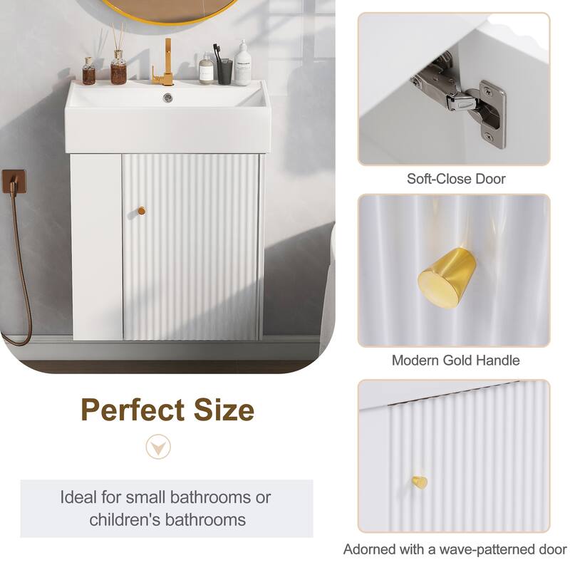 21.6" Modern Floating Bathroom Vanity with Ceramic Basin - Perfect for Small Bathrooms, Left side storage