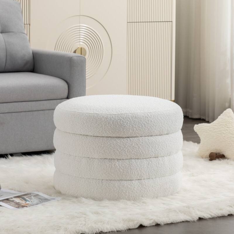 Boucle Fabric Storage Round Ottoman Footstool With Wooden Shelving