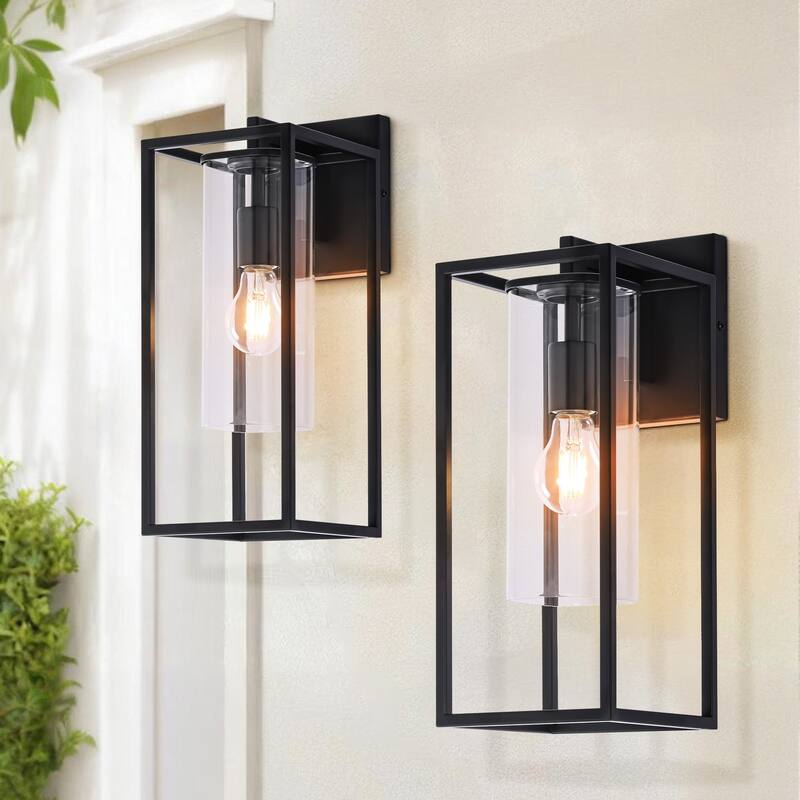 Outdoor Wall Sconce with Clear Glass Shade - 6.4"Wx8.2"Dx15.9"H - Black