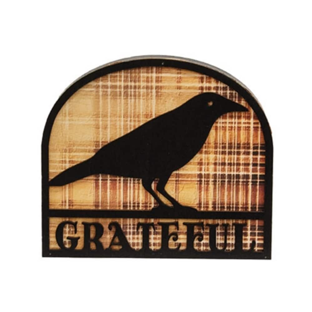 Fall Grateful Crow Silhouette Plaid Wood Tabletop Accent - 5.75” x 0.75” x 5”