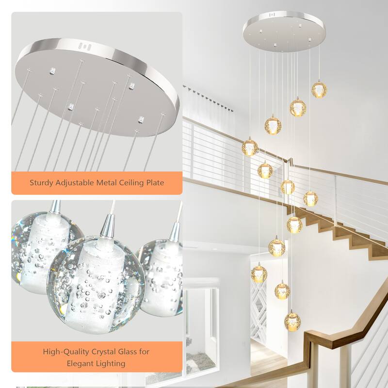 Modern Crystal Ball Chandelier Dimmable Fixture, 12-Light Pendant Chandeliers for Foyer Entrance