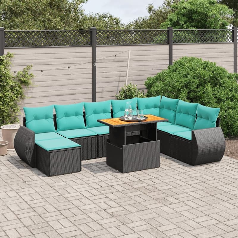 vidaXL Patio Sofa Set with Cushions Outdoor Furniture 9 Piece Poly Rattan - Black and Blue - 21.7 x 24.4 x 27.2