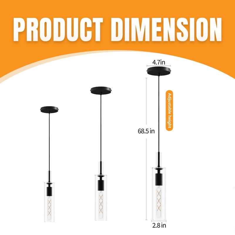 Modern Black Glass Pendant Lights (Set of 3) Adjustable for Kitchen, Dining & Living Areas (No Bulbs)