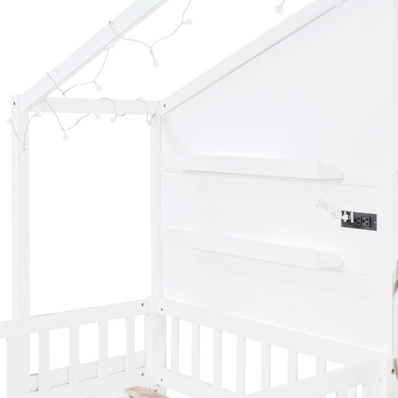Twin Size House Bed with Upholstered Sofa,Charging Station,Wireless Charging,Shelves and 2 Drawers
