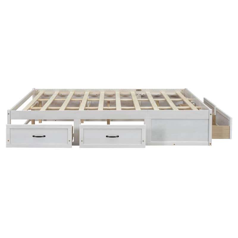 Queen Size Platform Bed Frame with 6 Built-In Storage Drawers, No Headboard, Low Profile Design in Antique