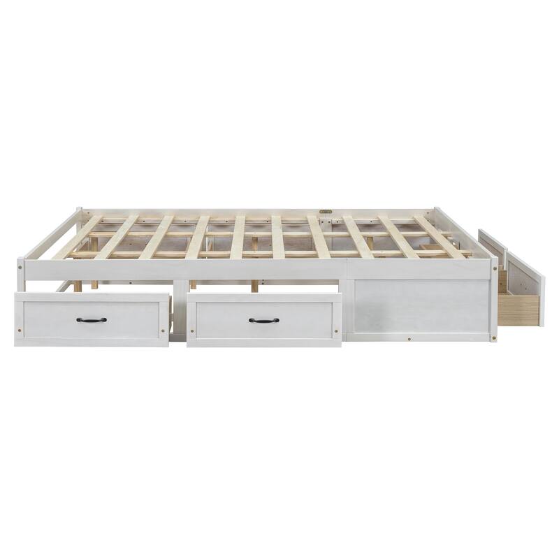 Roomfitters Queen Size Platform Bed with 6 Storage Compartments, Modern Wood Frame, Space-Saving Design