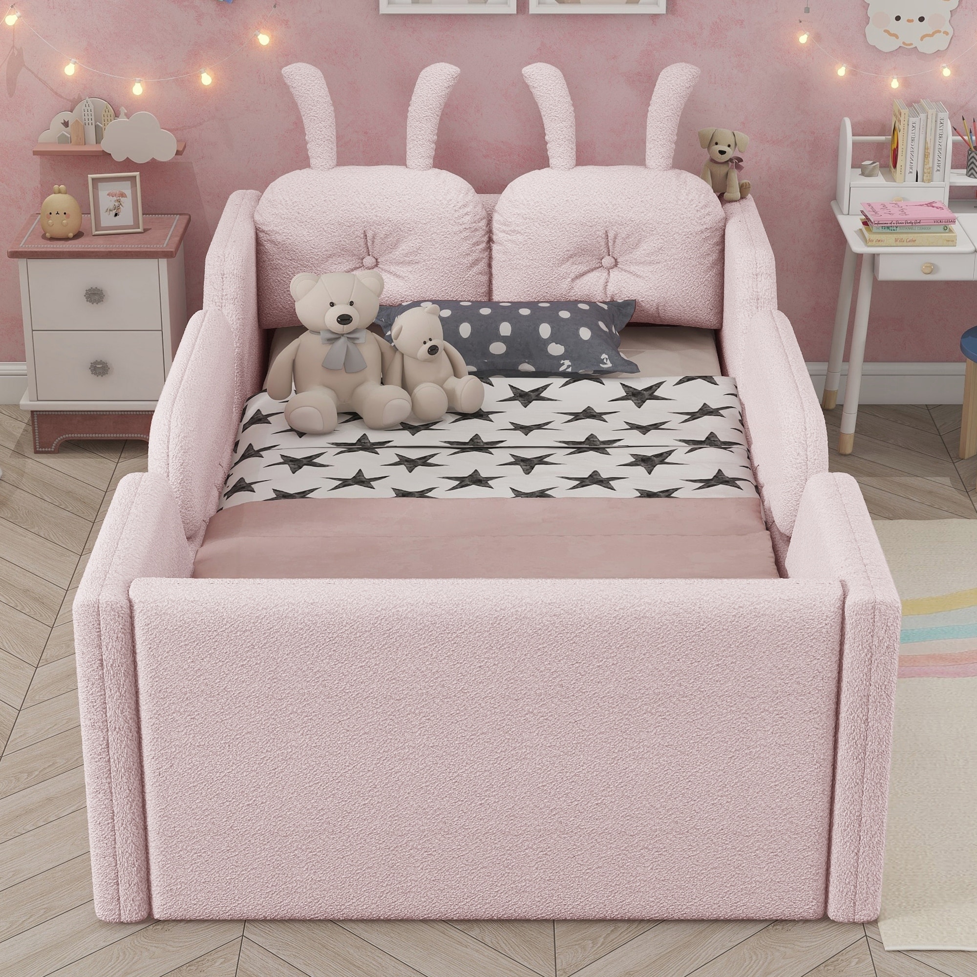 Twin Size Upholstered Platform Bed with Cushion, Kids Floor Upholstered Bed with Removable Side Rails